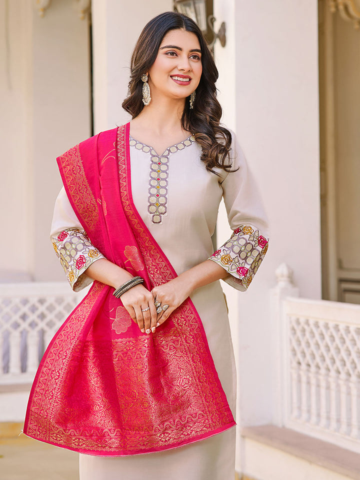 Neck Embroidery Cotton Blend Kurta With Pants &amp; Dupatta