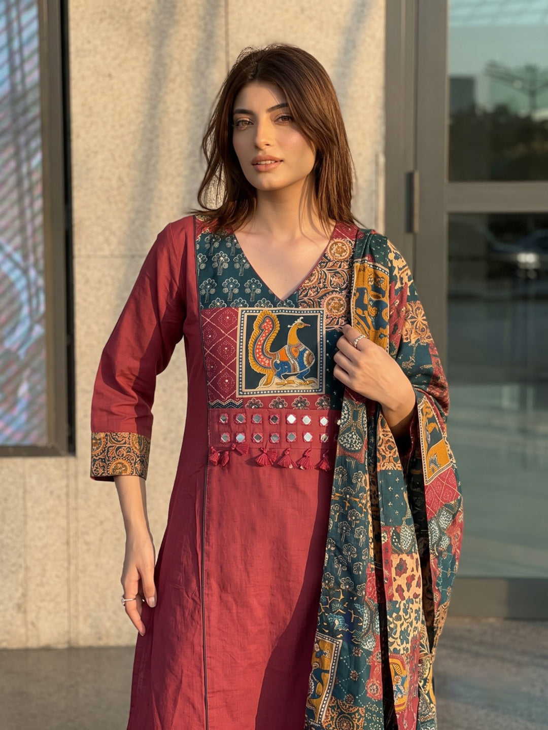 Maroon Printed Cotton Blend Kurta With Pant &amp; Dupatta
