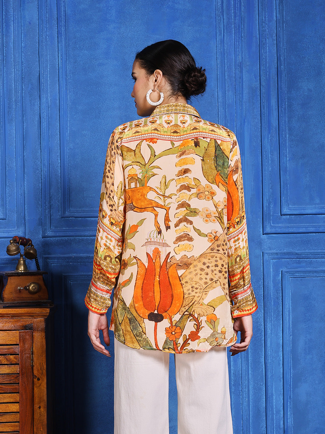 Beige Multicolor Crepe Printed Band Collar Kurti