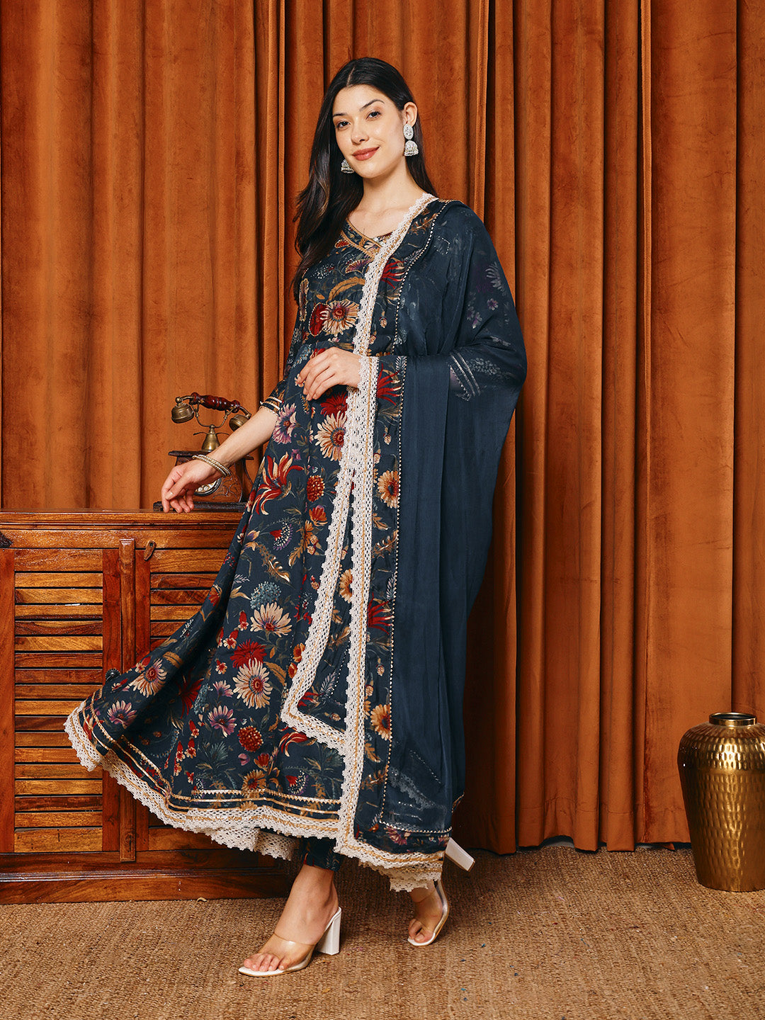 Printed Cotton Blend Kurta With Pants &amp; Dupatta