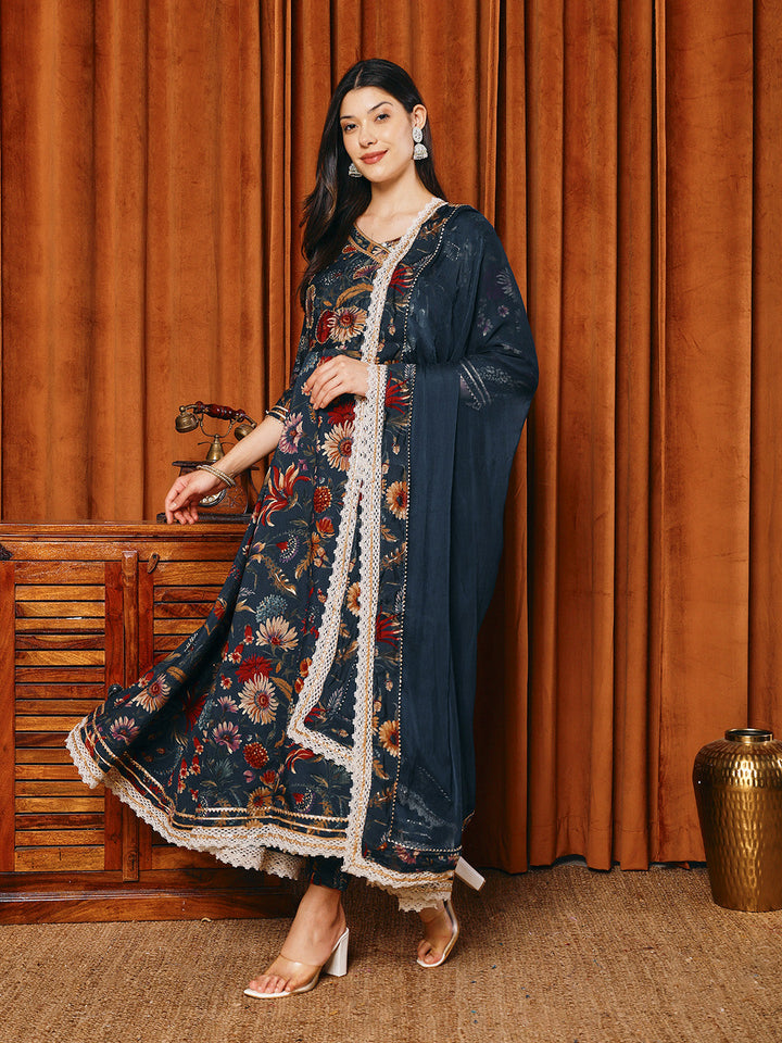 Printed Cotton Blend Kurta With Pants &amp; Dupatta