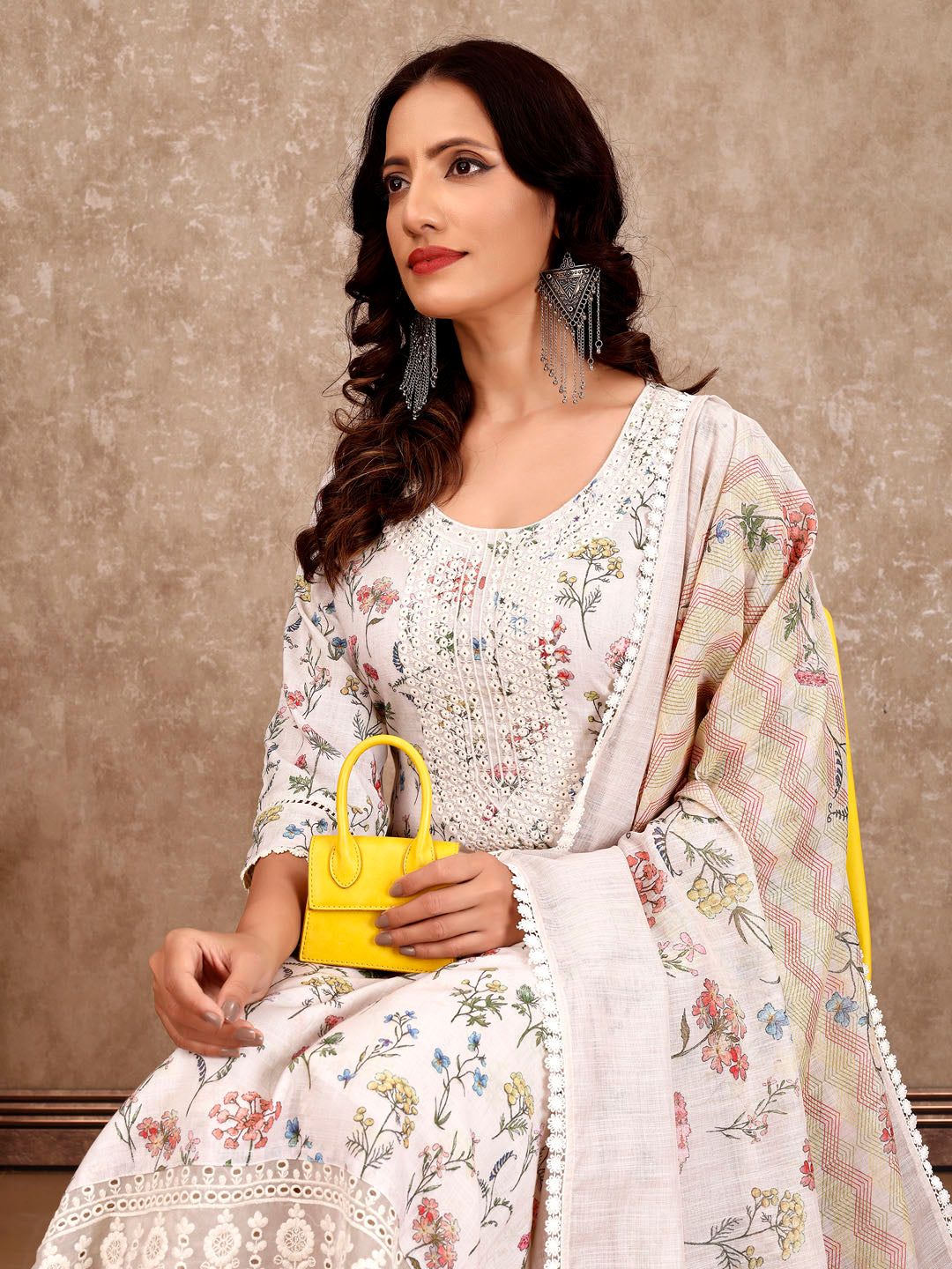 Neck Embroidery Cotton Blend Kurta With Pants &amp; Dupatta