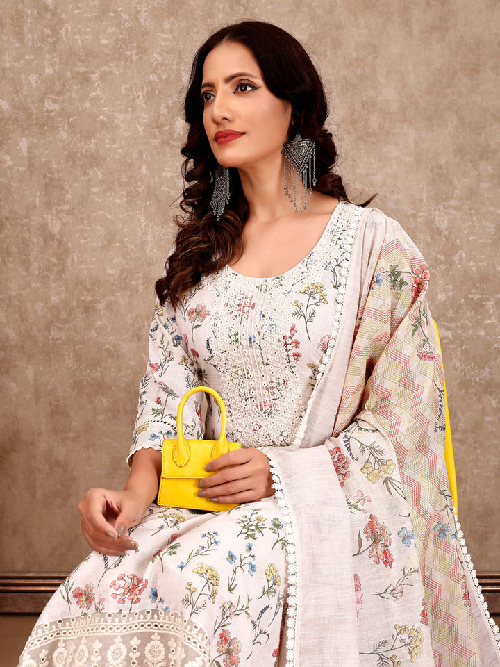 Neck Embroidery Cotton Blend Kurta With Pants &amp; Dupatta