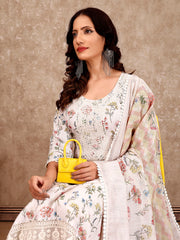 Neck Embroidery Cotton Blend Kurta With Pants & Dupatta