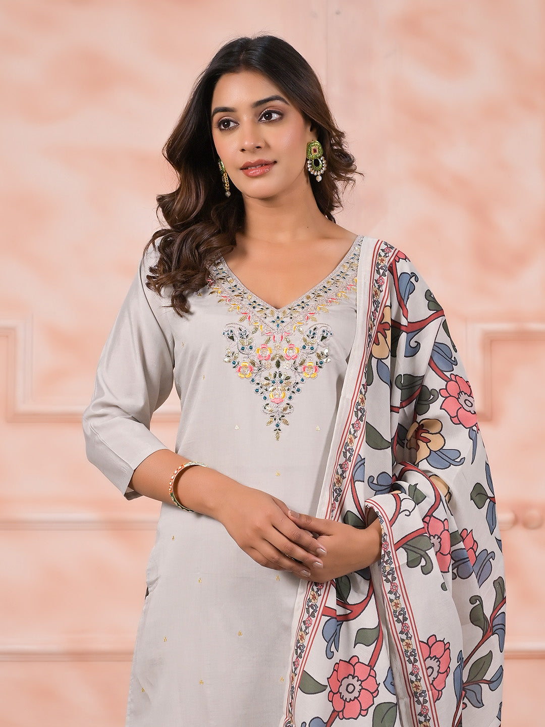 Neck Embroidered Cotton Blend Kurta With Pants &amp; Dupatta