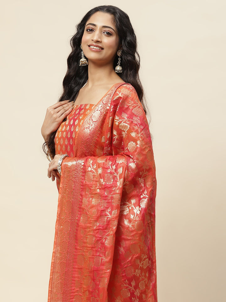 Rust Woven Design Chanderi Unstitched Dress Material