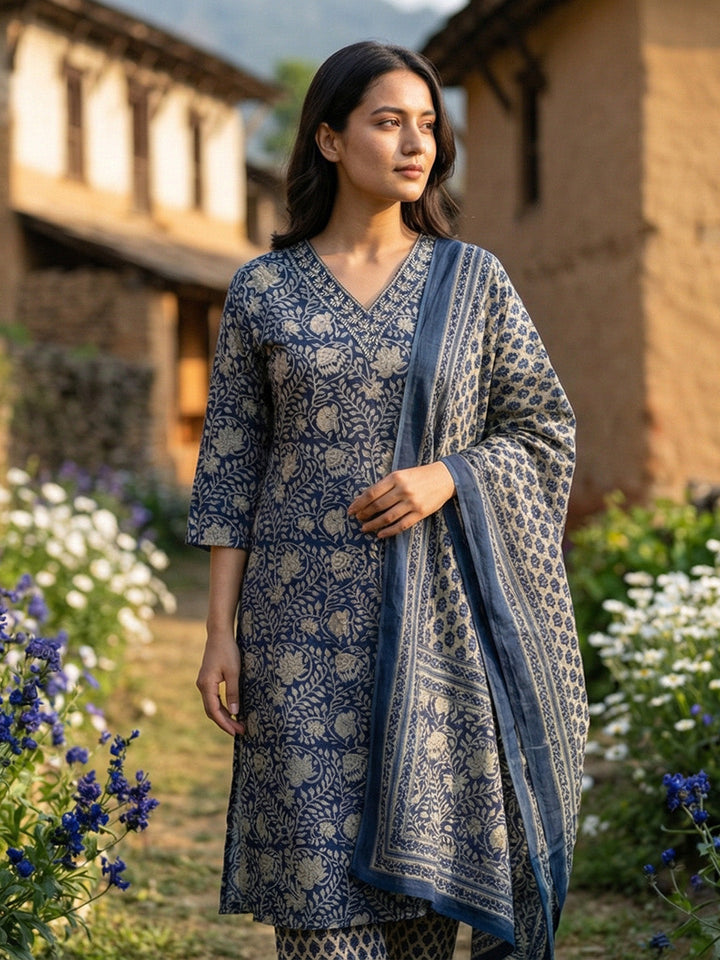 Printed Cotton Blend Kurta With Pant &amp; Dupatta