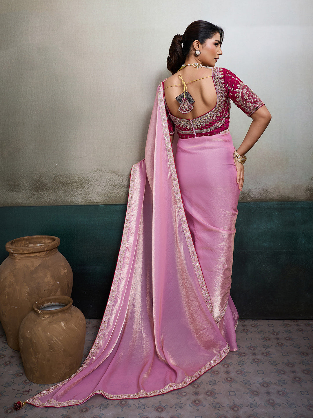Embroidered Satin Saree With Readymade Blouse