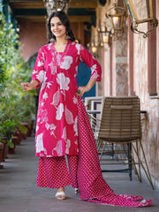 Printed Cotton Blend Kurta With Pants & Dupatta