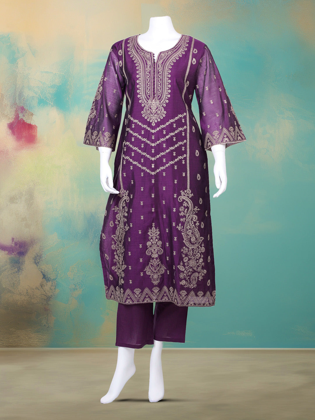Embroidered Chanderi Kurta With Pant & Dupatta