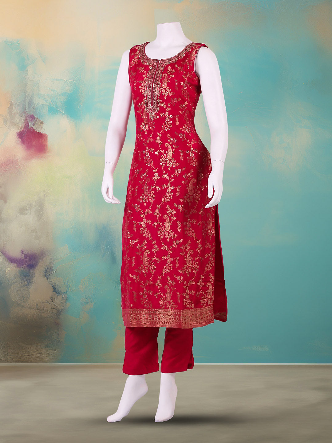 Embroidered Banarasi Suit With Pant &amp; Dupatta