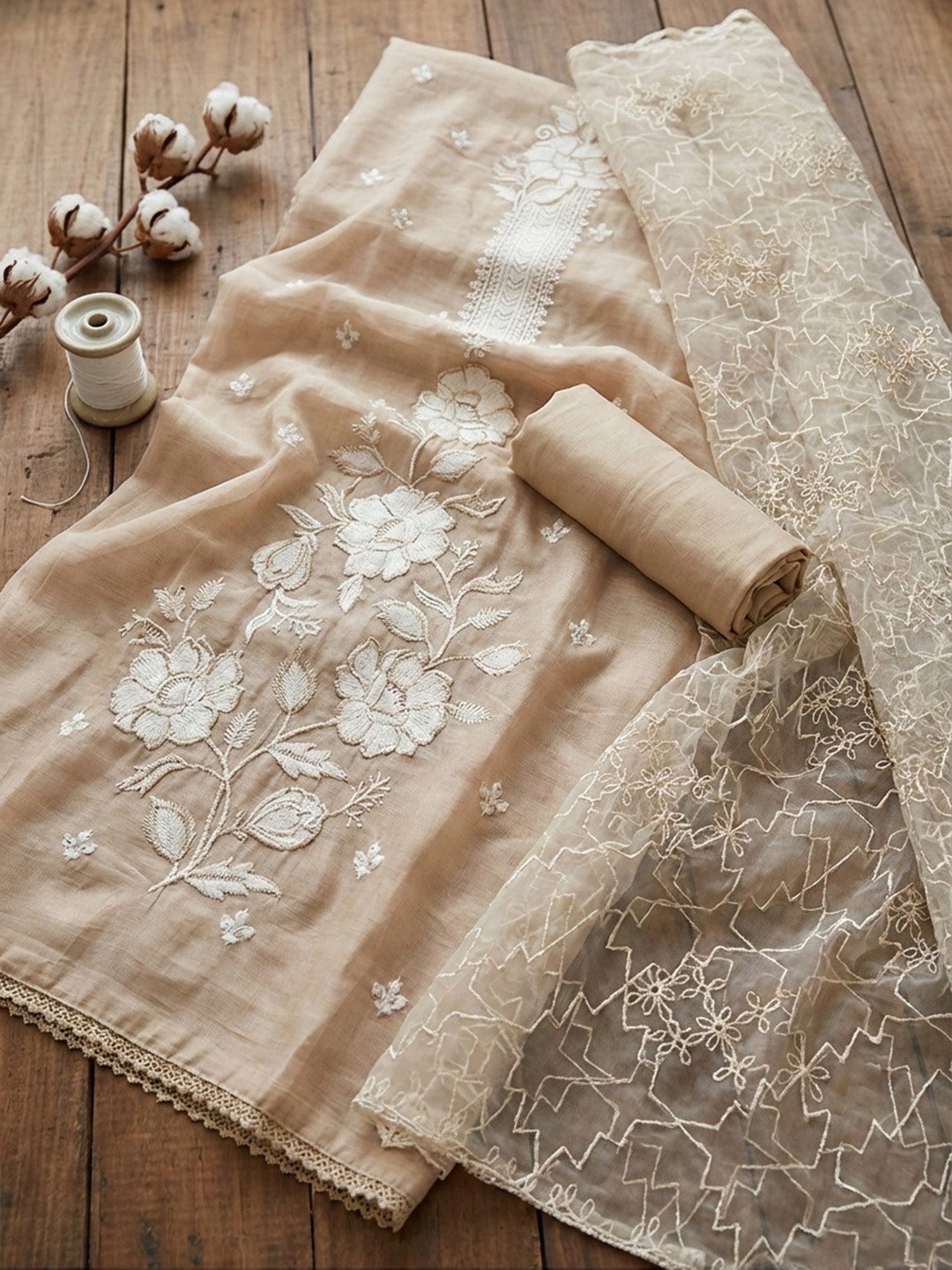 Printed Cotton Blend Unstitched Suit With Pant &amp; Dupatta