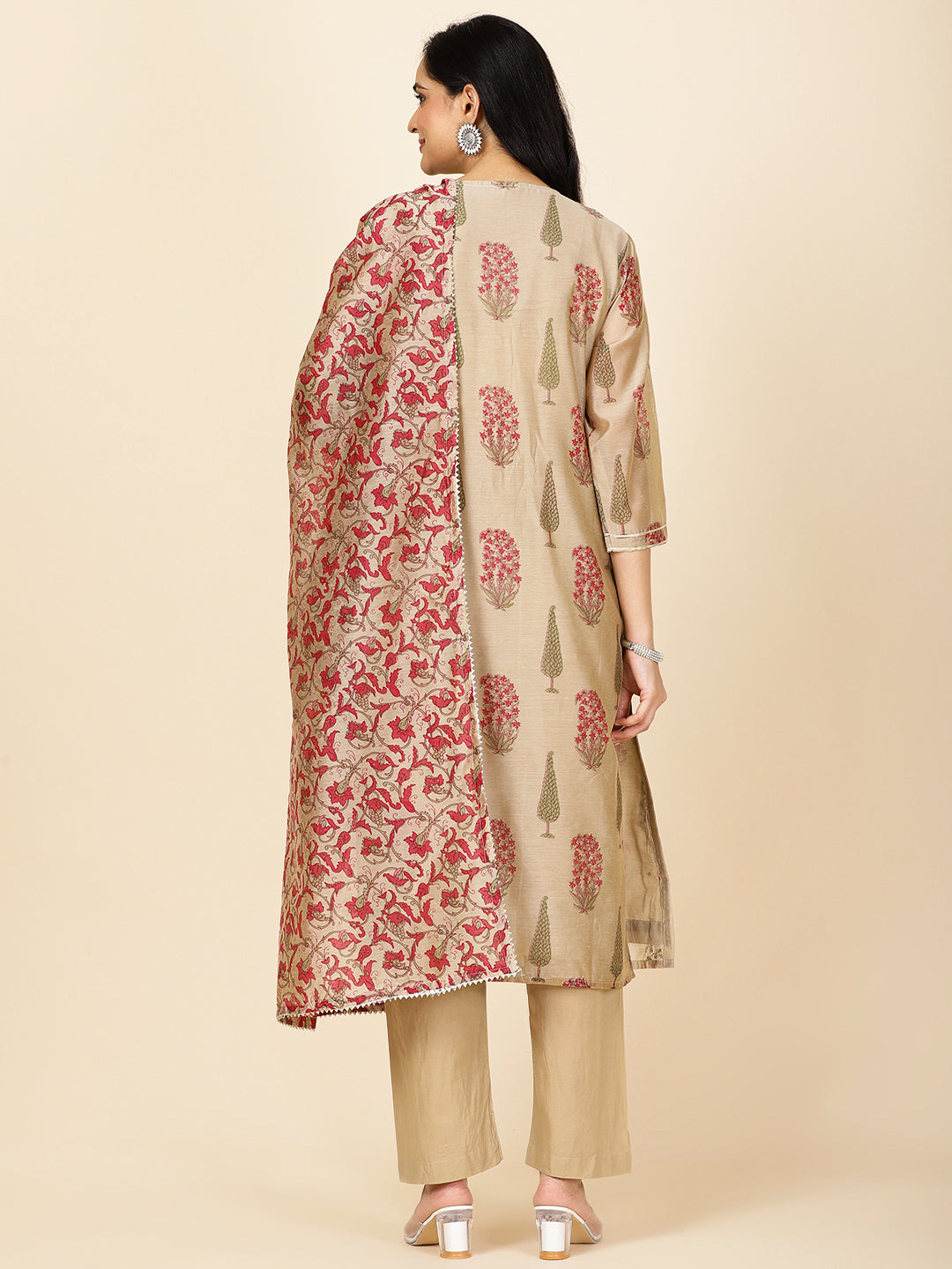 Floral Printed Chanderi Kurta With Pants & Dupatta