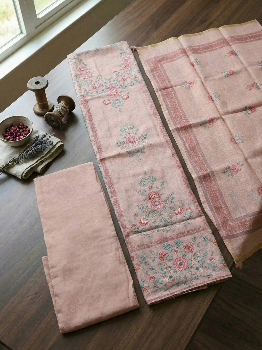 Printed Linen Blend Unstitched Suit With Pant &amp; Dupatta