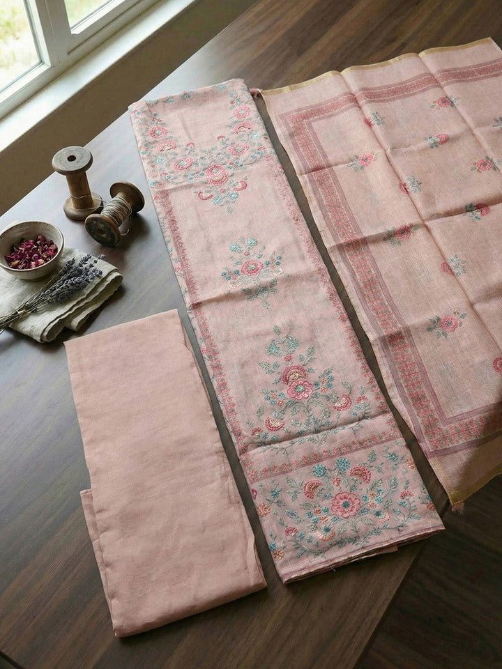 Printed Linen Blend Unstitched Suit With Pant &amp; Dupatta