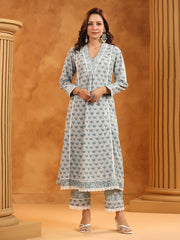 Printed Cotton Blend Kurta With Pants & Dupatta