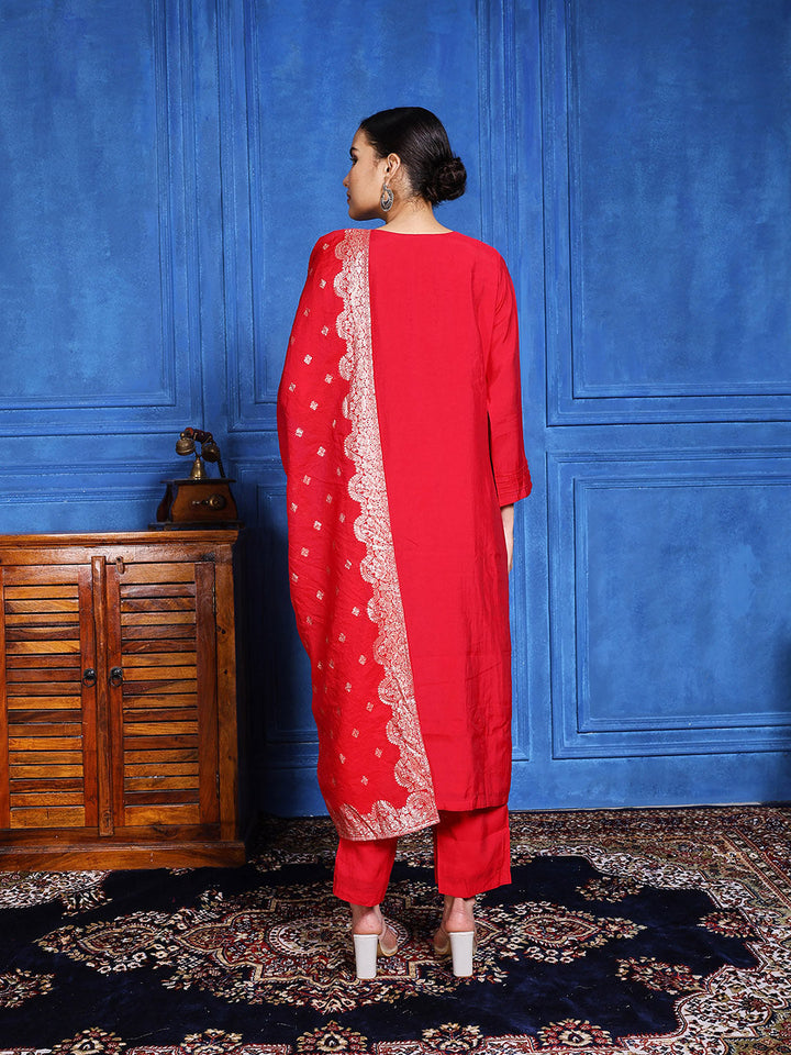 Embroidered Muslin Kurta With Pants &amp; Dupatta