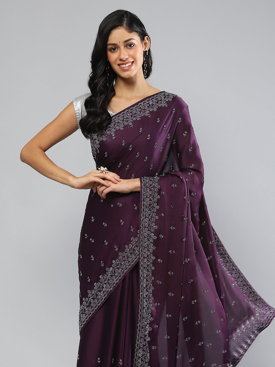 Stone Work Embellished Satin Saree