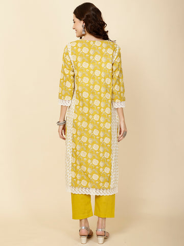 Floral Printed Cotton Straight Kurta With Pants