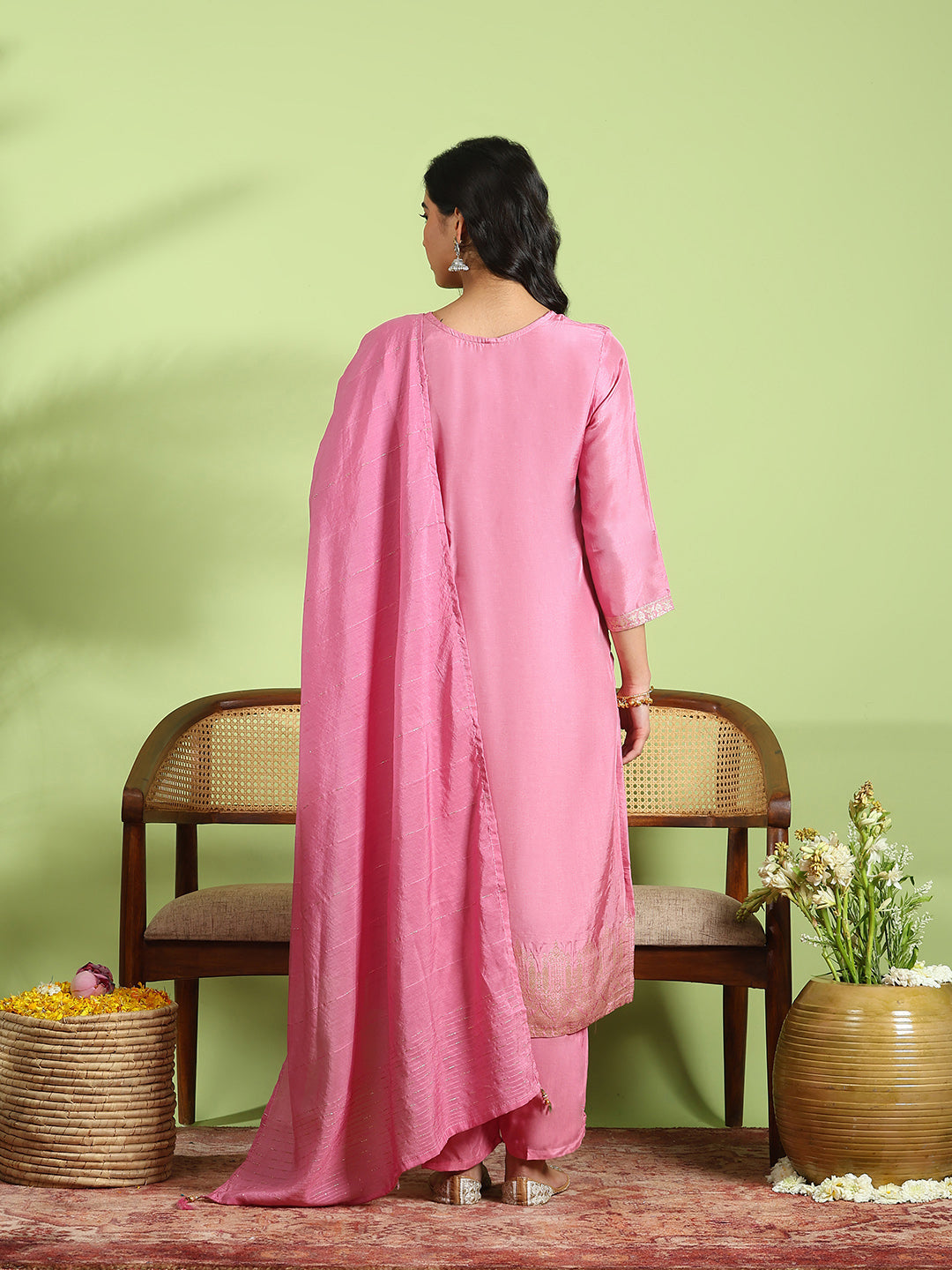 Embroidered Cotton Kurta With Pant &amp; Dupatta