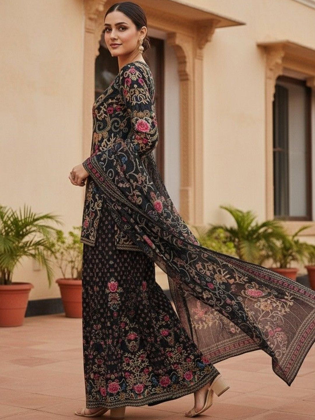 Printed Muslin Kurta With Sharara &amp; Dupatta