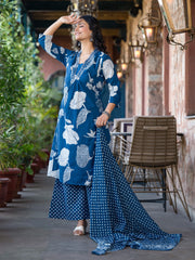 Printed Cotton Blend Kurta With Pants & Dupatta