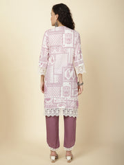 Printed & Panel Embroidery Cotton Kurta With Pants