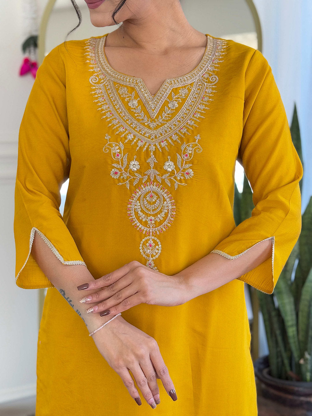 Embroidery Cotton Blend Kurta With Pants & Dupatta