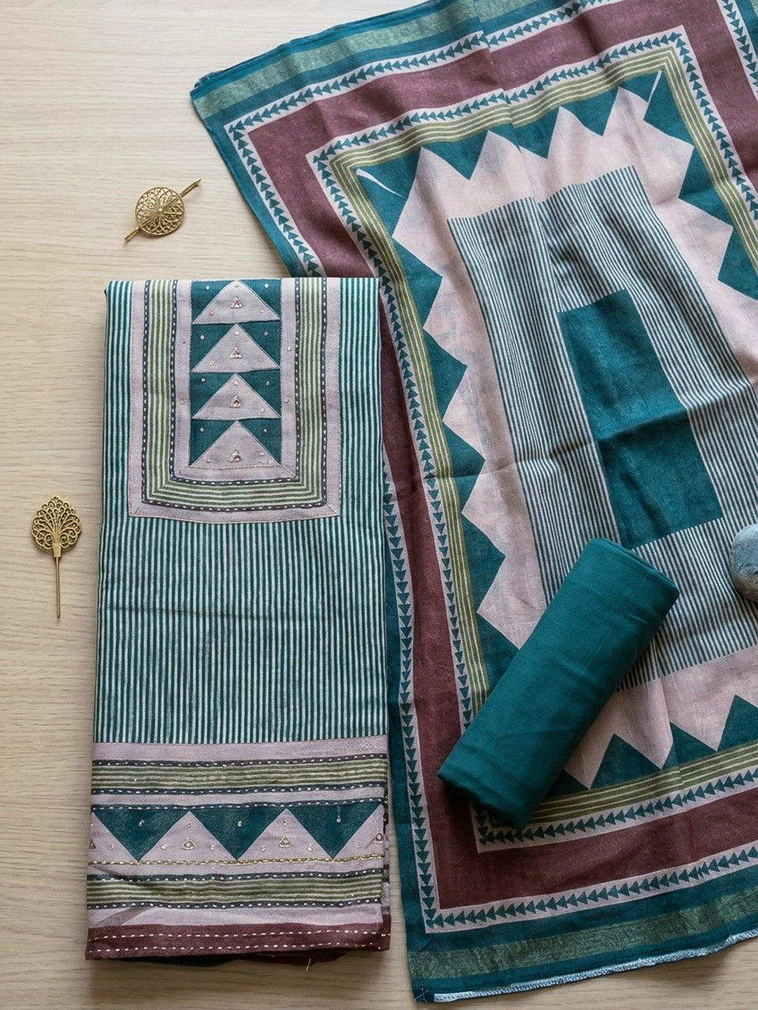 Printed Linen Blend Unstitched Suit With Pant &amp; Dupatta