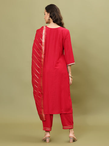 Neck Embroidery Cotton Blend Kurta With Pants & Dupatta