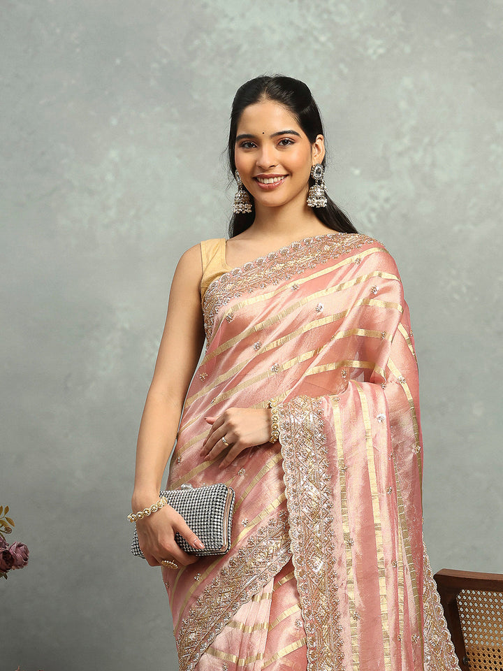 Pearl &amp; Sequin Embroidered Tissue Saree