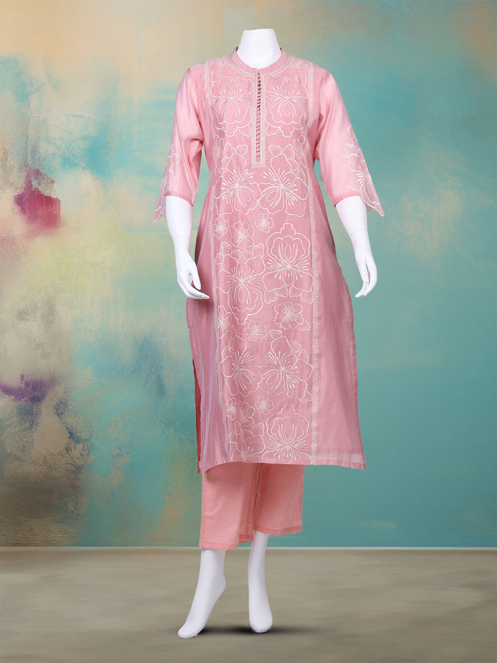 Embroidered Chanderi Kurta With Pant &amp; Dupatta