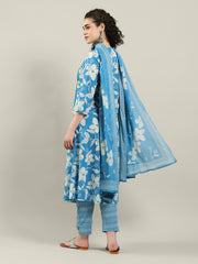 Printed Cotton Blend Kurta With Pants & Dupatta