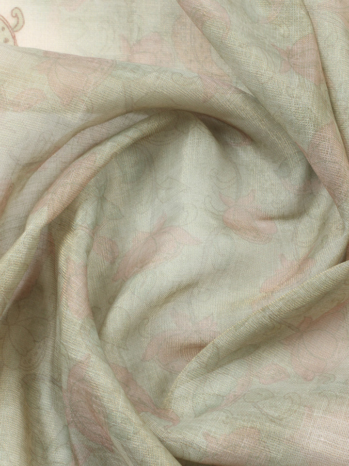 Printed Linen Blend Unstitched Suit With Pant &amp; Dupatta