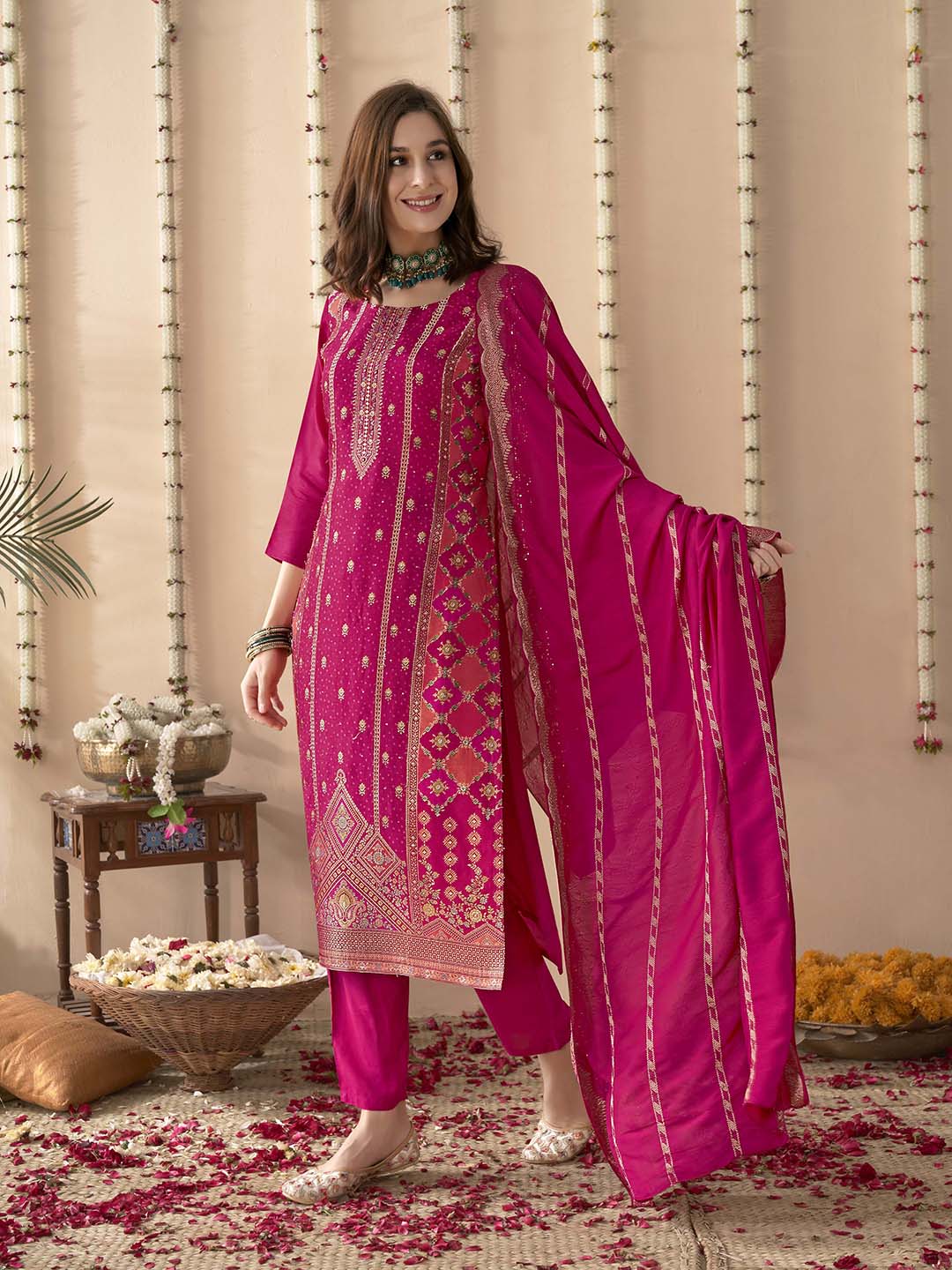 Embroidered Silk Kurta With Pant &amp; Dupatta