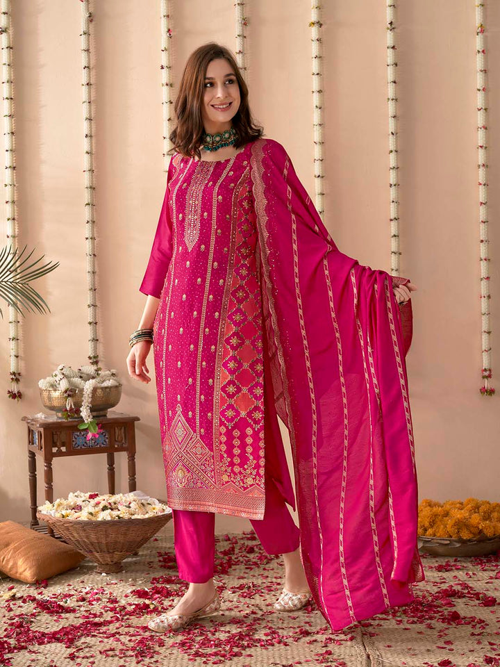 Embroidered Silk Kurta With Pant &amp; Dupatta