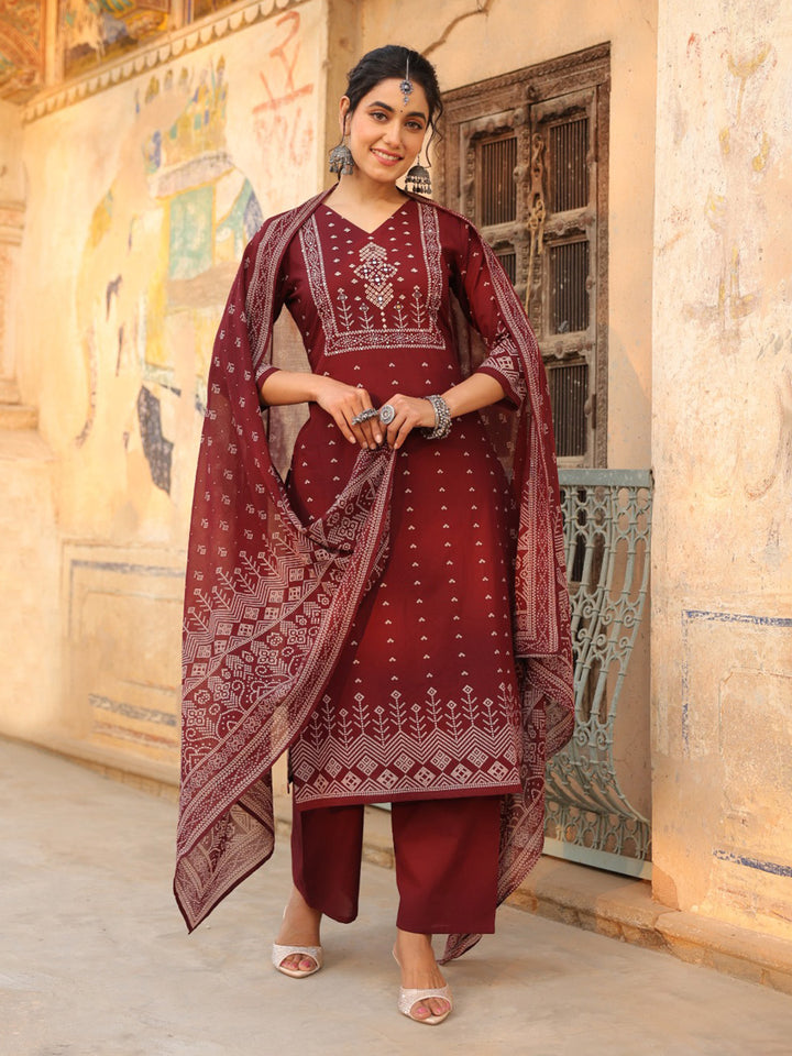 Wine Cotton Blend Printed Straight Suit Set