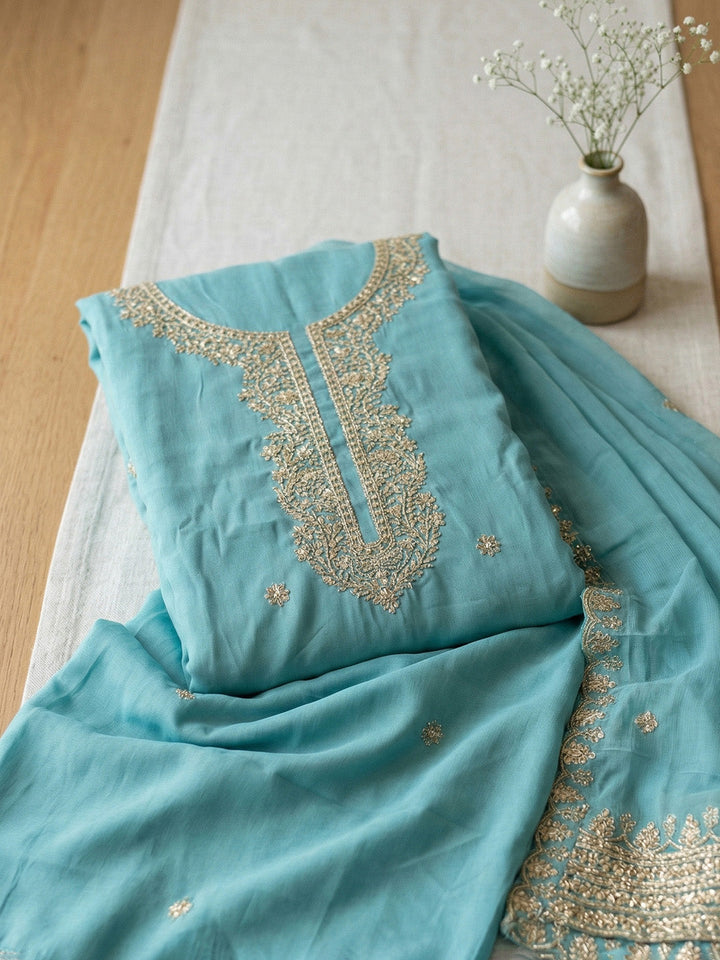 Embroidered Chanderi Unstitched Suit With Pant &amp; Dupatta