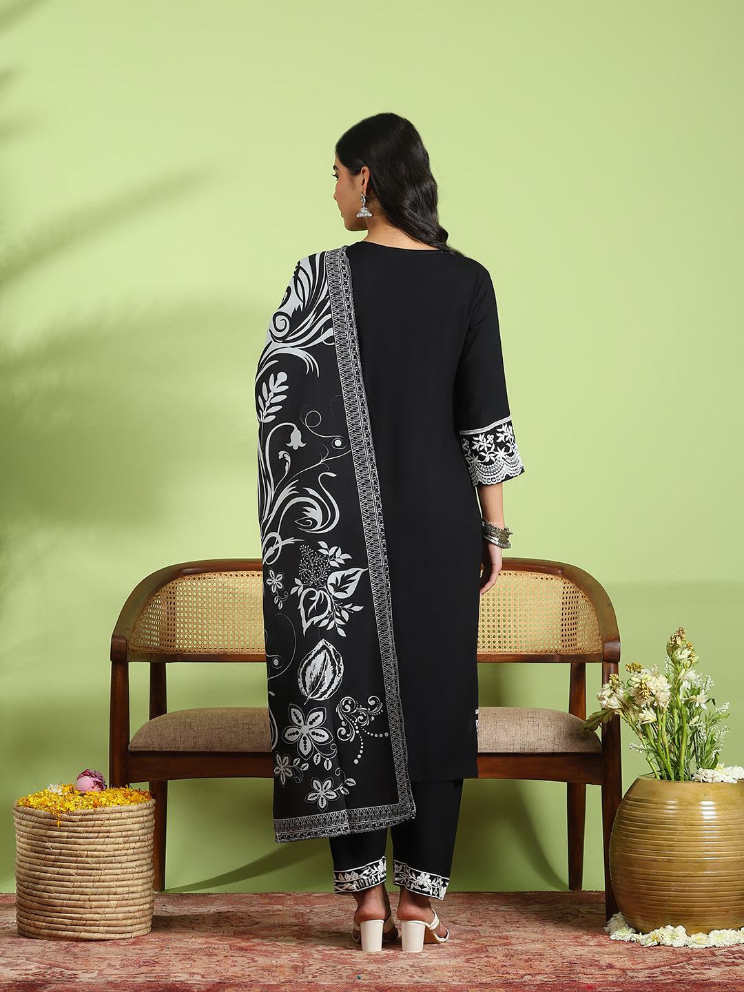Embroidered Cotton Kurta With Pant &amp; Dupatta