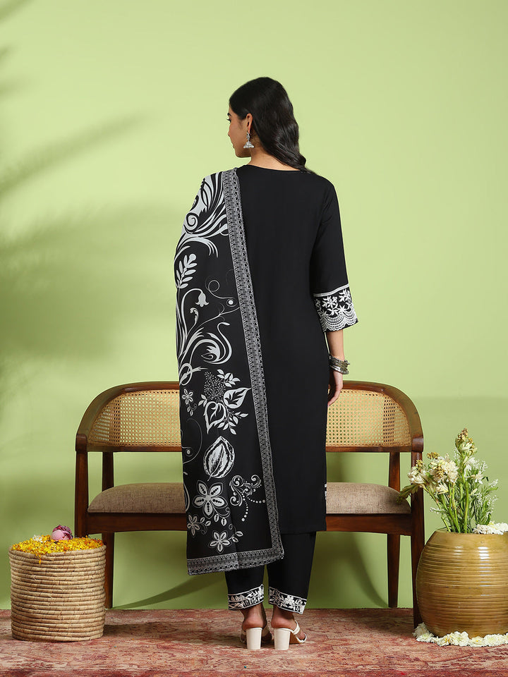 Embroidered Cotton Kurta With Pant &amp; Dupatta