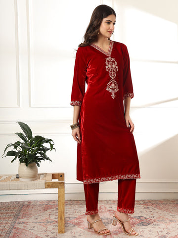 Zari Neck Embroidered Velvet Kurta With Pants & Dupatta