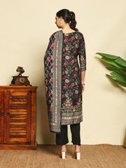 Printed Muslin Black Suit With Pant & Dupatta