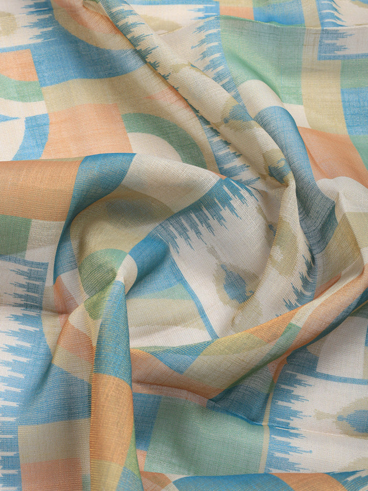 Printed Linen Blend Unstitched Suit With Pant &amp; Dupatta