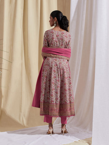 Floral Block Printed Anarkali Kurta With Pants & Dupatta