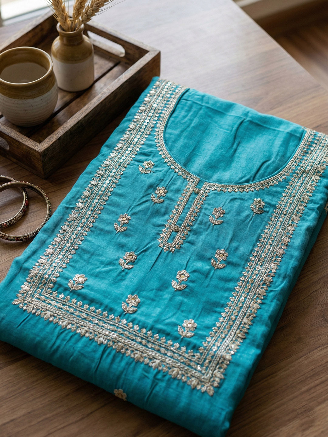 Embroidered Cotton Blend Unstitched Suit With Pant &amp; Dupatta