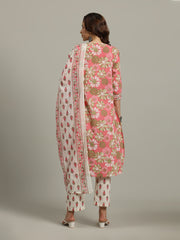 Floral Printed Cotton Blend Anarkali Kurta With Pants & Dupatta
