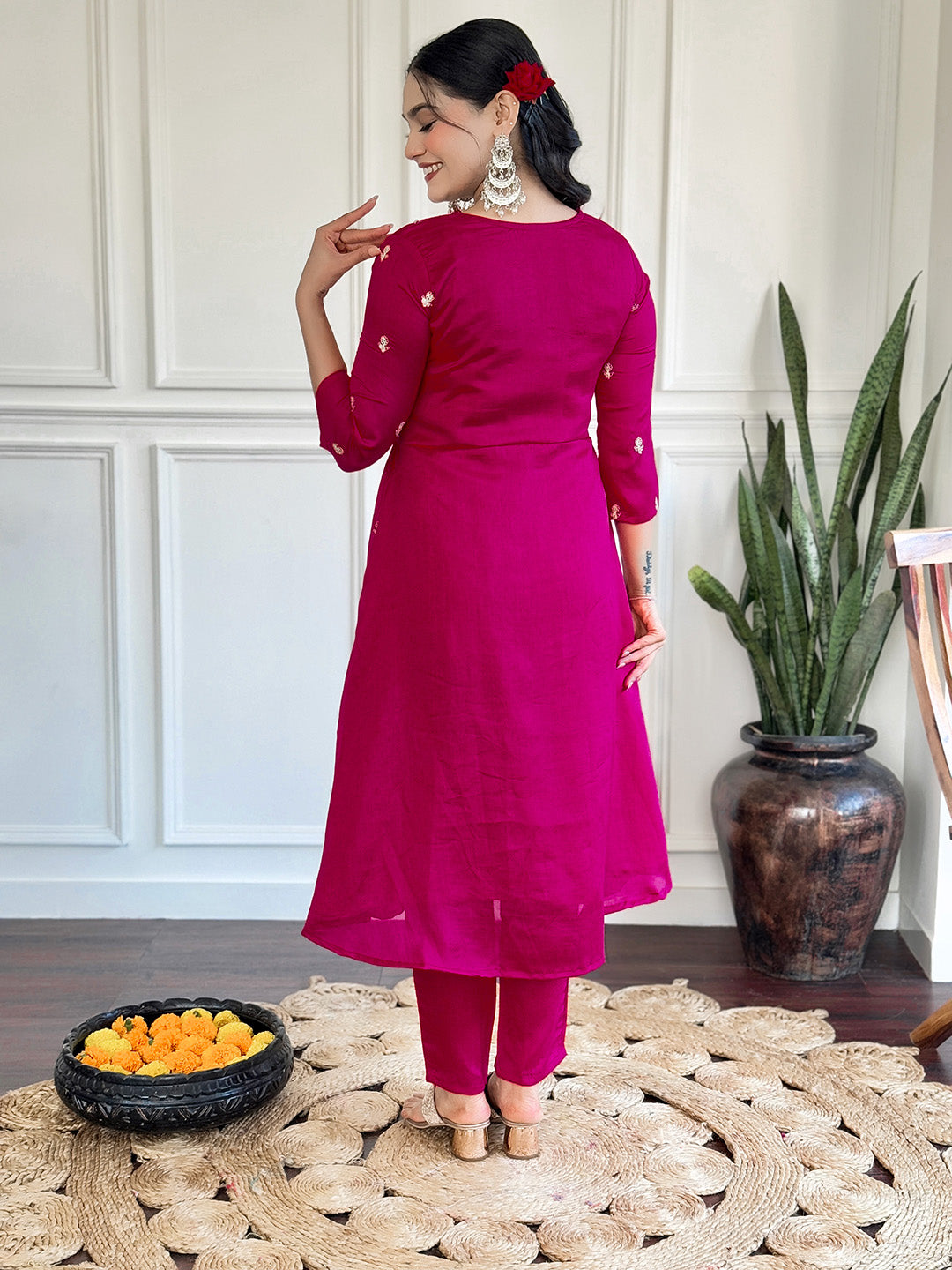 Neck Embroidery Cotton Blend Kurta With Pants &amp; Dupatta