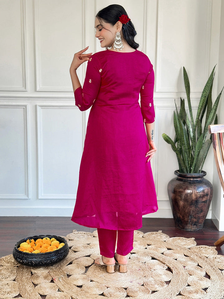 Neck Embroidery Cotton Blend Kurta With Pants &amp; Dupatta
