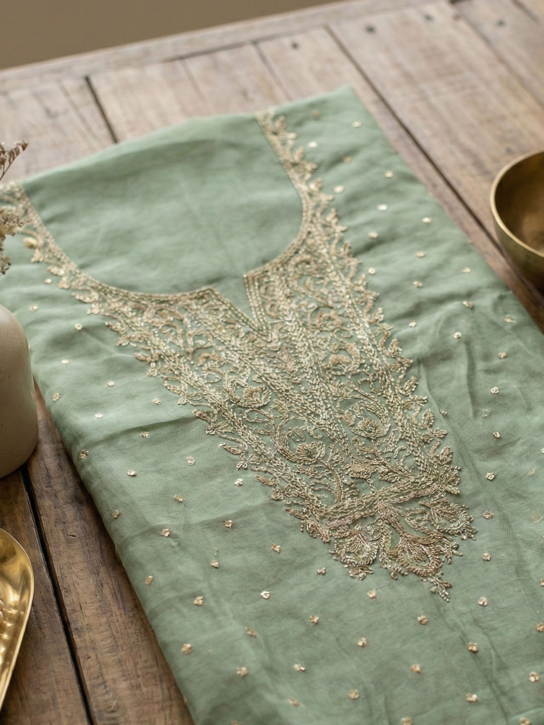 Embroidered Chanderi Unstitched Suit With Pant &amp; Dupatta