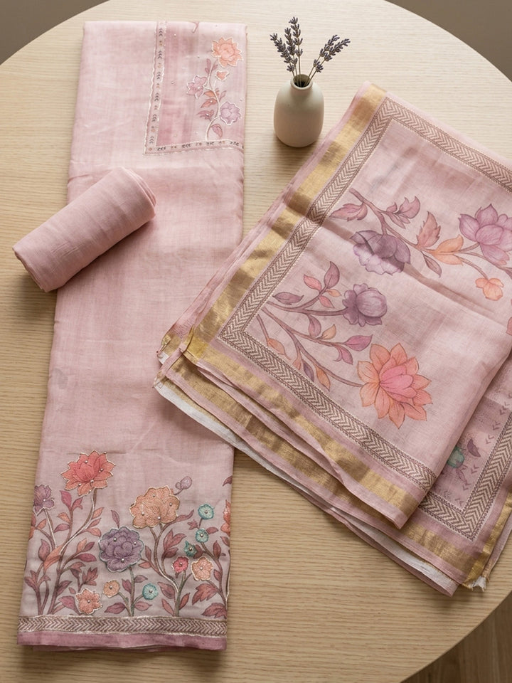 Embroidered Linen Blend Unstitched Suit With Pant &amp; Dupatta